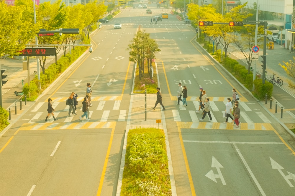 People crossing at a marked crosswalk