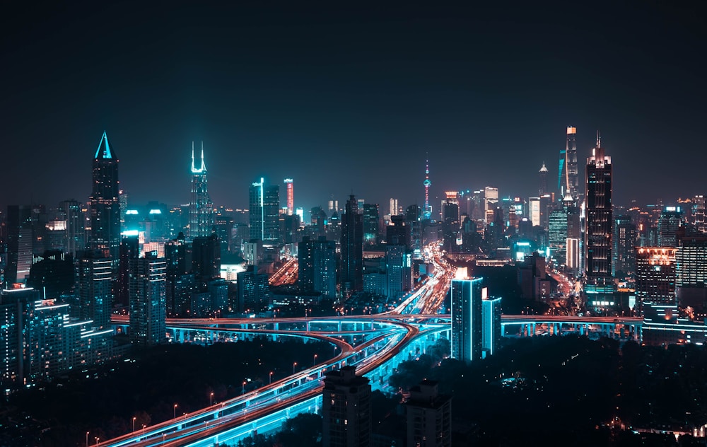 City at night with lit road network